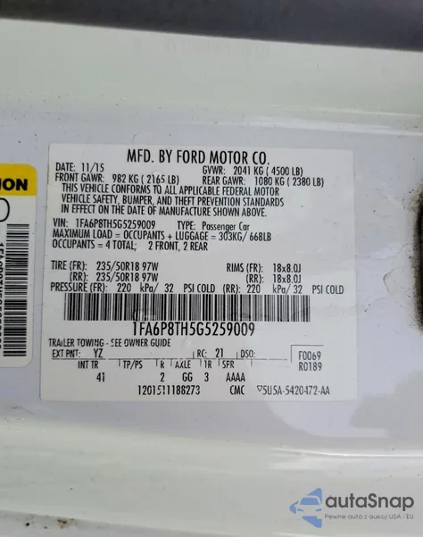 2016 Ford Mustang из США, поврежденный, VIN 1FA6P8TH5G5259009